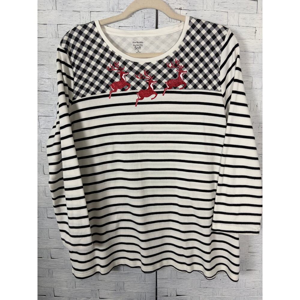 KIM Rogers womens T-shirt 3/4 length sleeve plaid red reindeer holiday Christmas